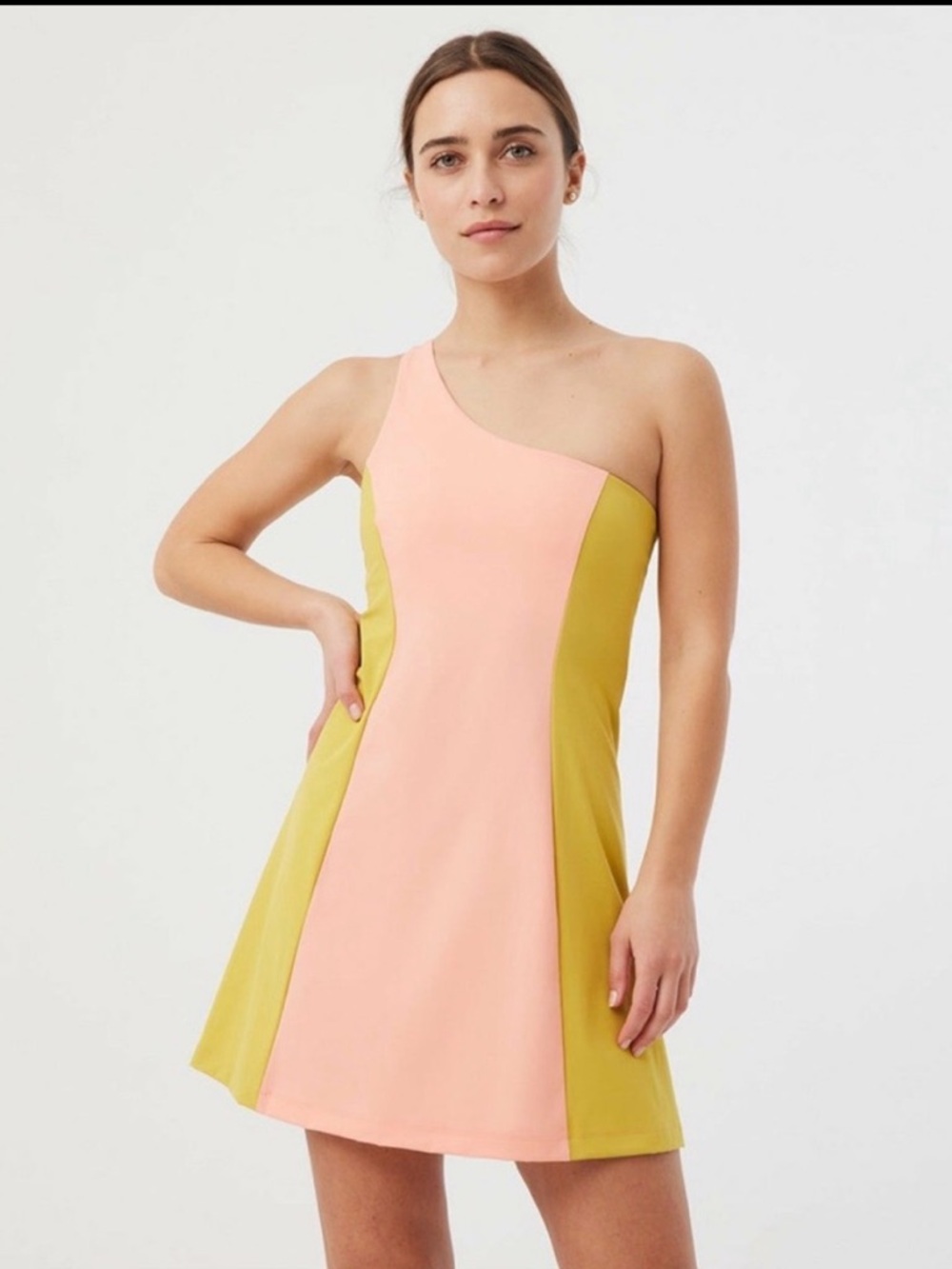 Outdoor Voices One-Shoulder Colorblock Mini Dress in Peach and Chartreuse